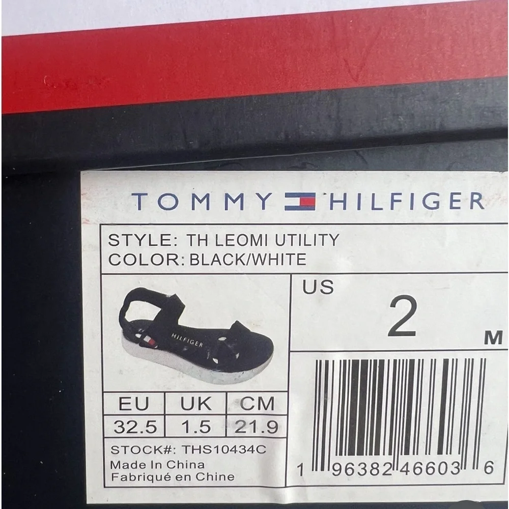 TOMMY HILFIGER Unisex Kids Th Leomi Utility Sandals Black/White US Size 2 NEW!🩴